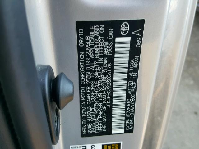 JTKJF5C7XB3006178 - 2011 TOYOTA SCION TC 银色 照片 10