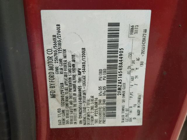 2FMZA51654BA44905 - 2004 FORD FREESTAR S RED photo 10