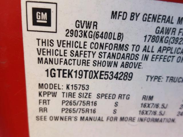 1GTEK19T0XE534289 - 1999 GMC NEW SIERRA RED photo 10