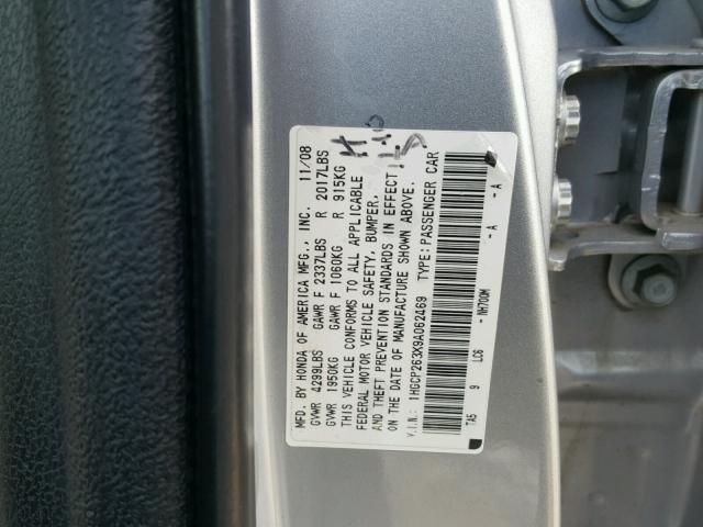 1HGCP263X9A062469 - 2009 HONDA ACCORD LX SILVER photo 10