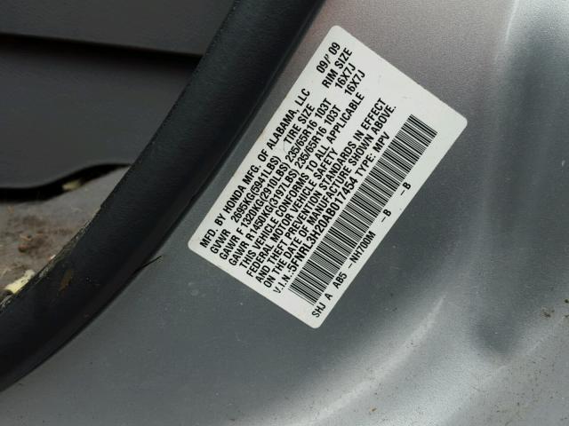 5FNRL3H20AB017454 - 2010 HONDA ODYSSEY LX GRAY photo 10