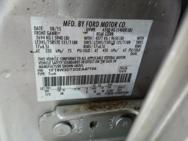 1FT8W3DT2GEA47759 - 2016 FORD F350 SUPER SILVER photo 10