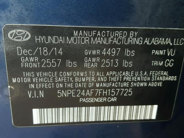 5NPE24AF7FH157725 - 2015 HYUNDAI SONATA SE BLUE photo 10