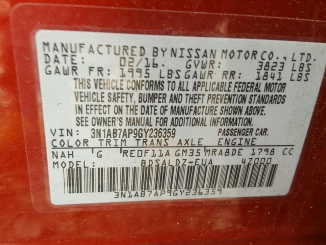 3N1AB7AP9GY236359 - 2016 NISSAN SENTRA S BURGUNDY photo 10