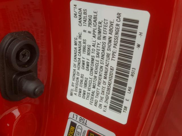 2HGFG3B54EH520187 - 2014 HONDA CIVIC LX RED photo 10