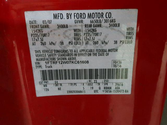 1FTRF12W07KC61608 - 2007 FORD F150 RED photo 10