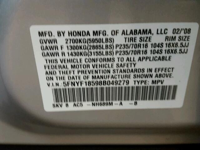 5FNYF18598B049279 - 2008 HONDA PILOT EXL SILVER photo 10