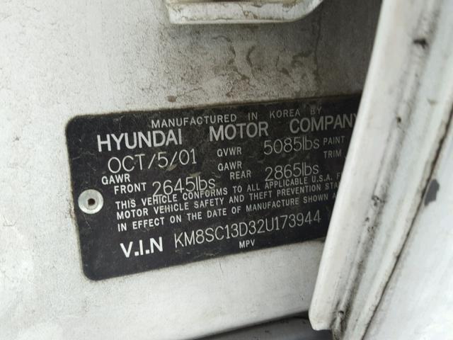 KM8SC13D32U173944 - 2002 HYUNDAI SANTA FE G WHITE photo 10