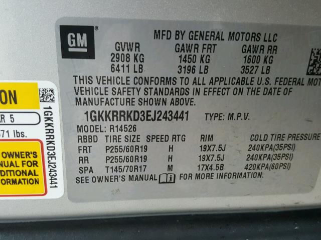 1GKKRRKD3EJ243441 - 2014 GMC ACADIA SLT SILVER photo 10