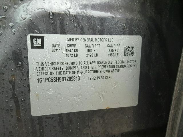 1G1PC5SH9B7209813 - 2011 CHEVROLET CRUZE LS GRAY photo 10