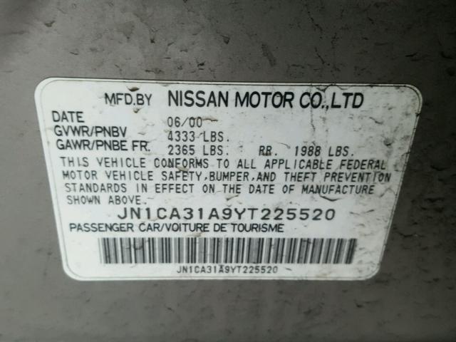 JN1CA31A9YT225520 - 2000 NISSAN MAXIMA GLE GRAY photo 10