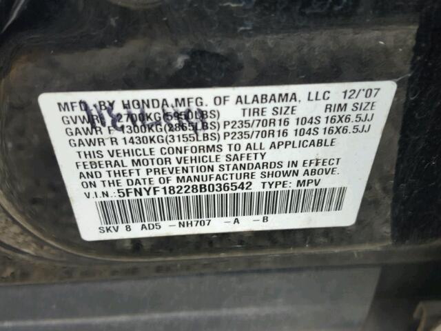 5FNYF18228B036542 - 2008 HONDA PILOT VP BLACK photo 10