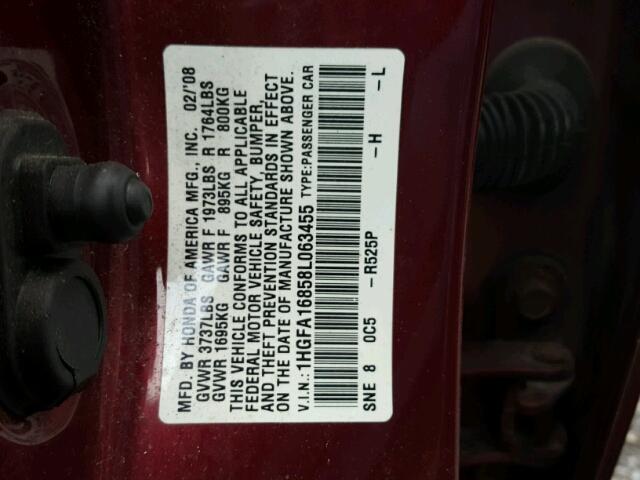 1HGFA16858L063455 - 2008 HONDA CIVIC EX RED photo 10