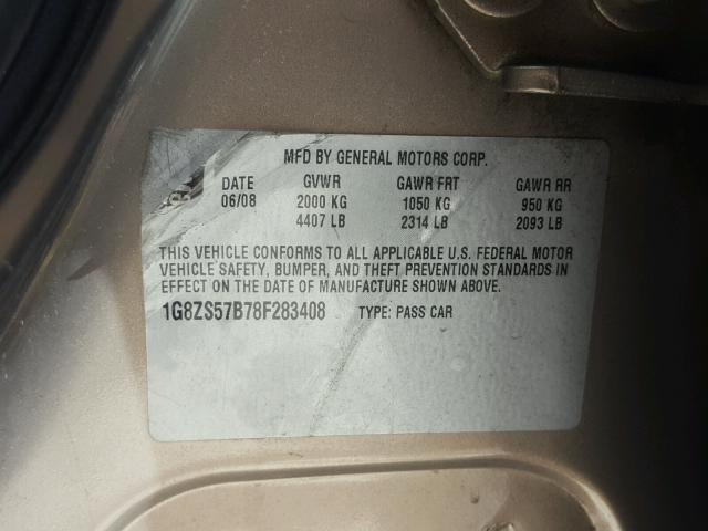 1G8ZS57B78F283408 - 2008 SATURN AURA XE BEIGE photo 10