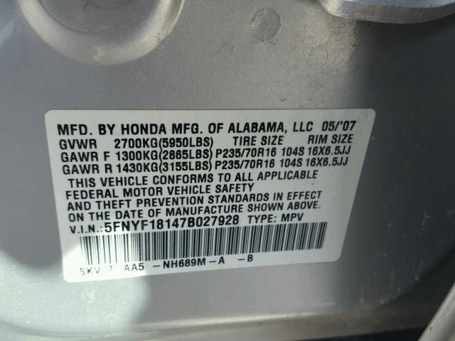 5FNYF18147B027928 - 2007 HONDA PILOT LX SILVER photo 10