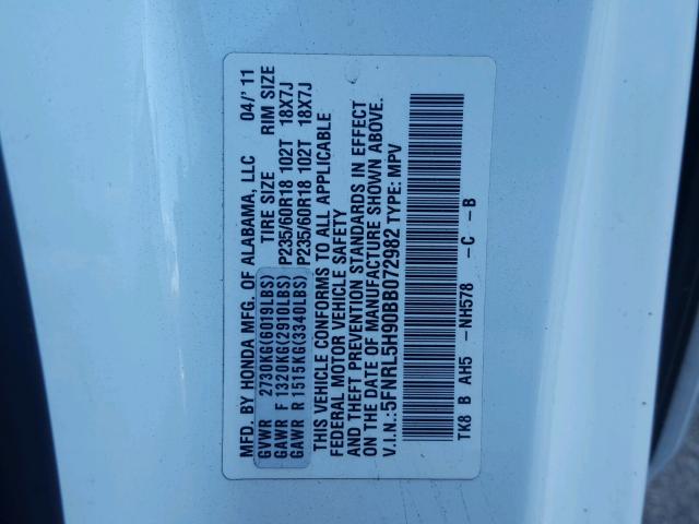 5FNRL5H90BB072982 - 2011 HONDA ODYSSEY TO WHITE photo 10