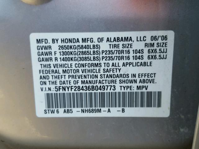 5FNYF28436B049773 - 2006 HONDA PILOT EX SILVER photo 10