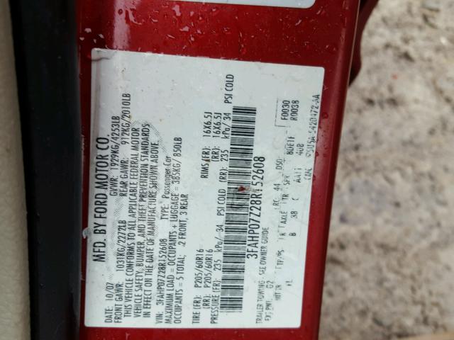 3FAHP07Z28R152608 - 2008 FORD FUSION SE RED photo 10