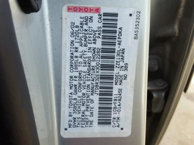 JTDBR32EX30012282 - 2003 TOYOTA COROLLA CE SILVER photo 10