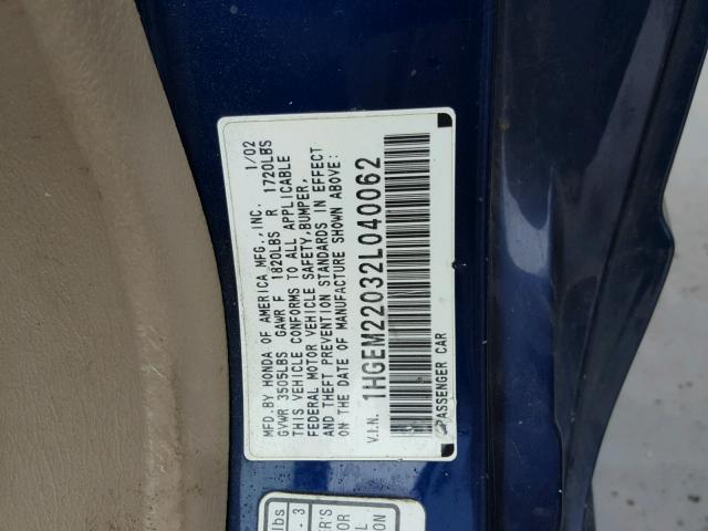 1HGEM22032L040062 - 2002 HONDA CIVIC EX ლურჯი ფოტო 10