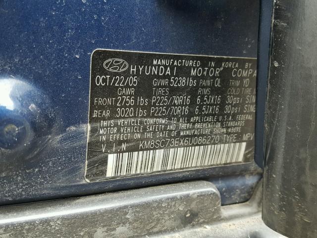 KM8SC73EX6U086270 - 2006 HYUNDAI SANTA FE G BLUE photo 10