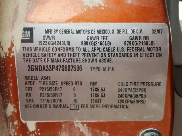 3GNDA33P47S607506 - 2007 CHEVROLET HHR LT ORANGE photo 10