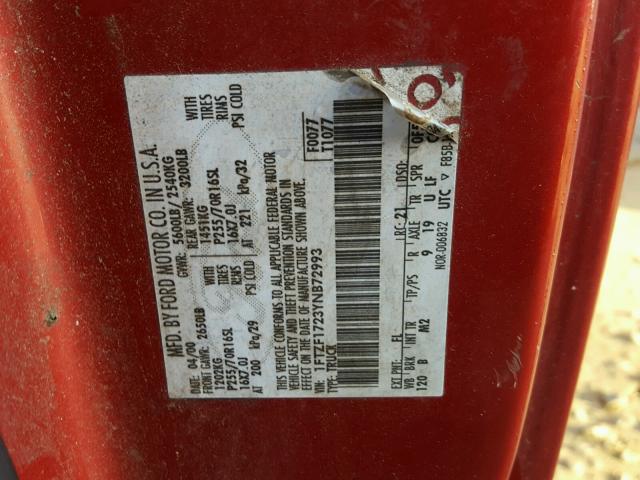 1FTZF1723YNB72993 - 2000 FORD F150 RED photo 10