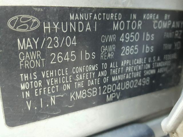 KM8SB12B04U802498 - 2004 HYUNDAI SANTA FE G SILVER photo 10