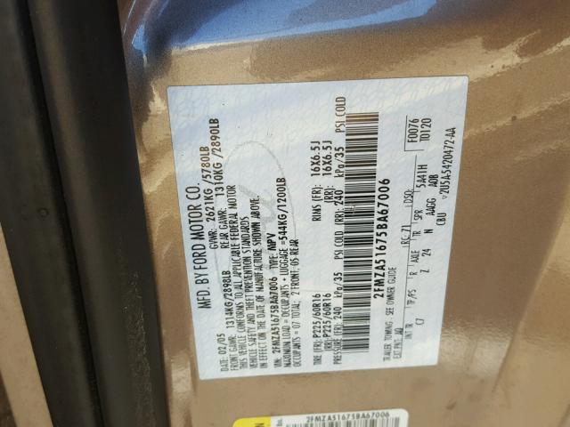 2FMZA51675BA67006 - 2005 FORD FREESTAR S BROWN photo 10