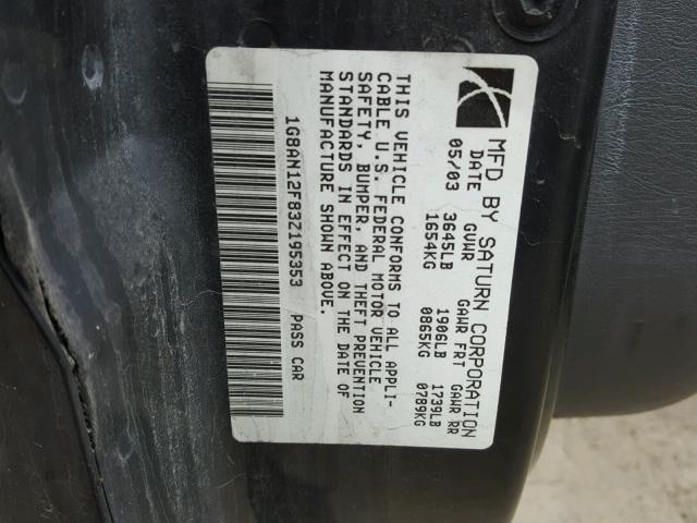 1G8AN12F83Z195353 - 2003 SATURN ION LEVEL BLACK photo 10