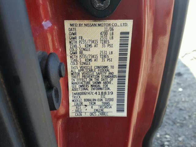 1N6BD06T47C418839 - 2007 NISSAN FRONTIER K RED photo 10