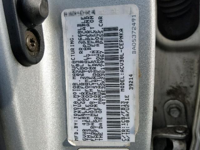 4T1BE32K23U179967 - 2003 TOYOTA CAMRY LE SILVER photo 10