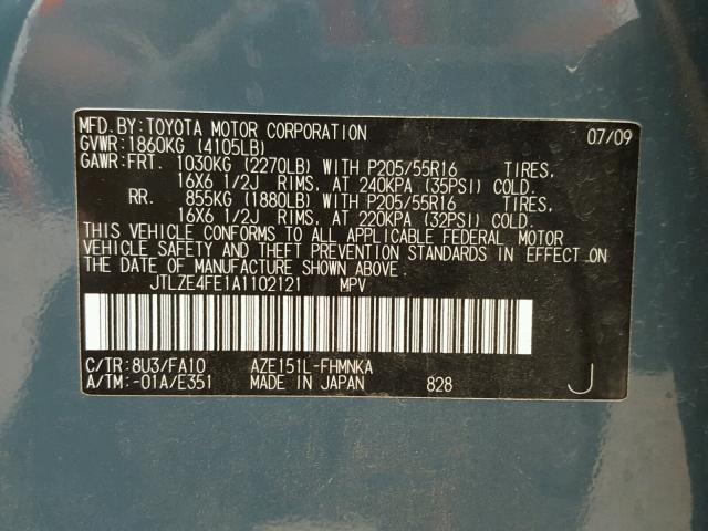 JTLZE4FE1A1102121 - 2010 TOYOTA SCION XB 蓝色 照片 10