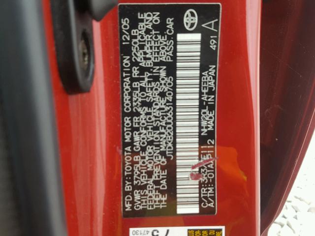 JTDKB20U063140705 - 2006 TOYOTA PRIUS RED photo 10