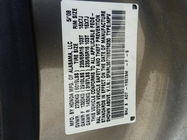 5FNRL38778B076250 - 2008 HONDA ODYSSEY EX GOLD photo 10