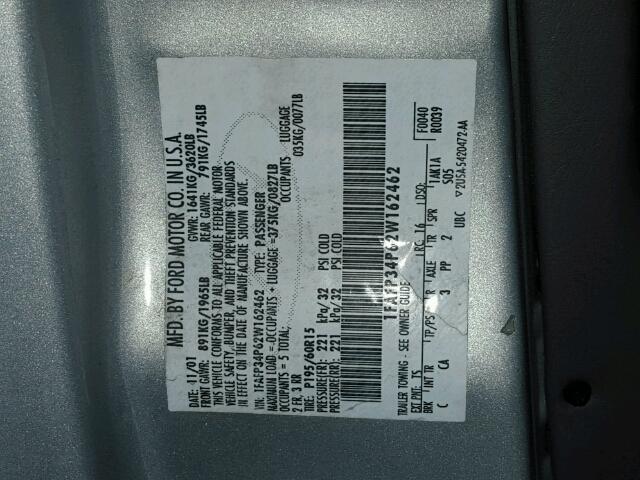 1FAFP34P62W162462 - 2002 FORD FOCUS SE SILVER photo 10