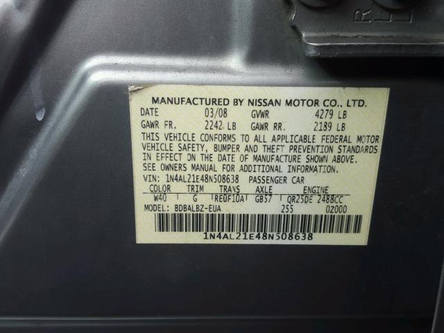 1N4AL21E48N508638 - 2008 NISSAN ALTIMA 2.5 GRAY photo 10