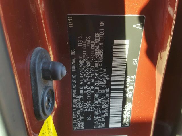 5TDYK3DC3CS205882 - 2012 TOYOTA SIENNA XLE BURGUNDY photo 10