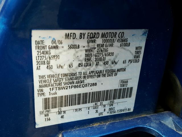 1FTSW21P86ED57288 - 2006 FORD F250 SUPER BLUE photo 10