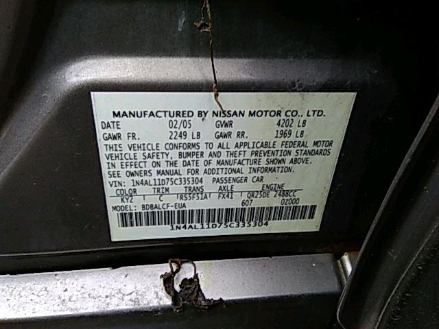 1N4AL11D75C335304 - 2005 NISSAN ALTIMA S GRAY photo 10