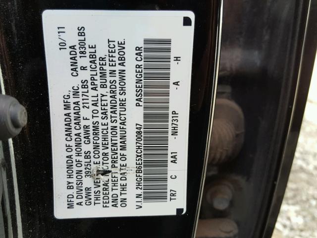 2HGFB6E5XCH700847 - 2012 HONDA CIVIC SI BLACK photo 10