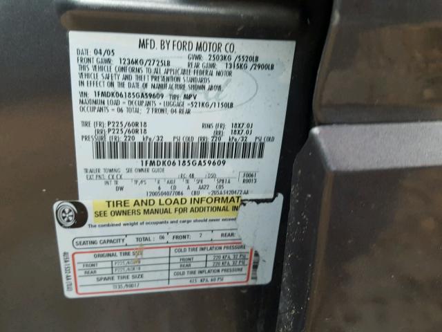 1FMDK06185GA59609 - 2005 FORD FREESTYLE GRAY photo 10