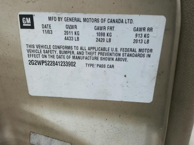 2G2WP522841233902 - 2004 PONTIAC GRAND PRIX GOLD photo 10