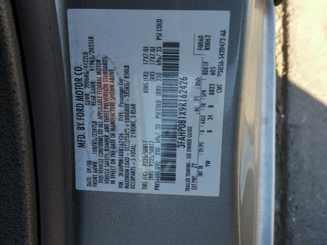 3FAHP081X9R162426 - 2009 FORD FUSION SEL GRAY photo 10