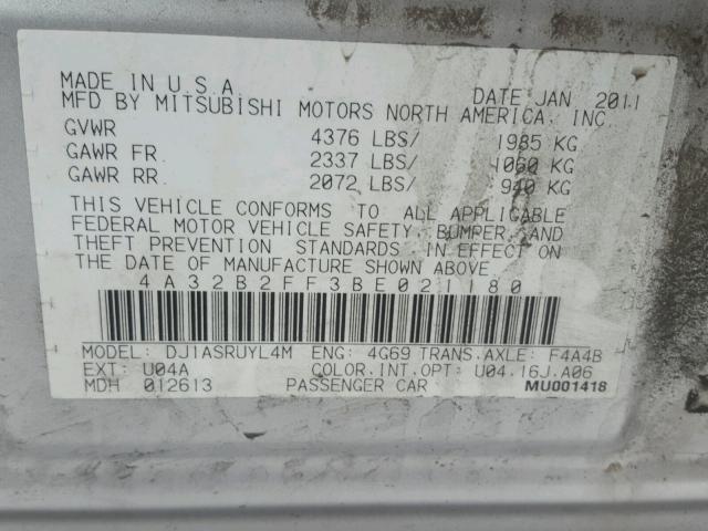 4A32B2FF3BE021180 - 2011 MITSUBISHI GALANT FE SILVER photo 10