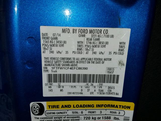 1FTFW1CF4EFC86390 - 2014 FORD F150 SUPER BLUE photo 10