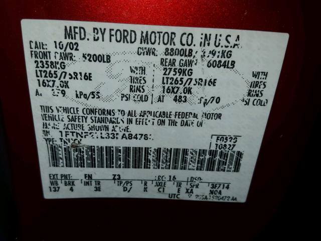 1FTNF21L33EA84783 - 2003 FORD F250 SUPER MAROON photo 10