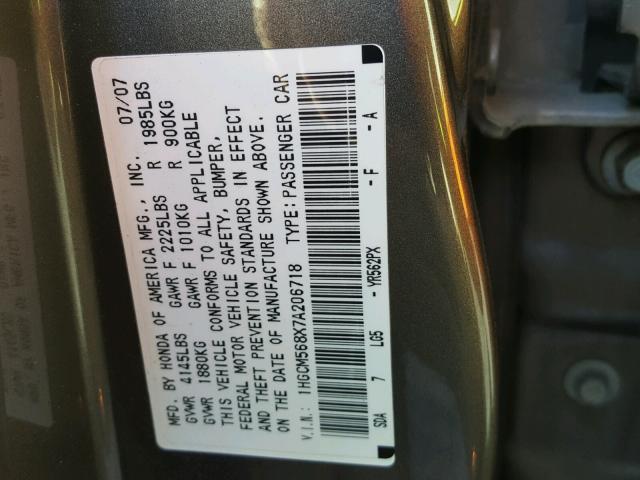 1HGCM568X7A206718 - 2007 HONDA ACCORD EX GRAY photo 10