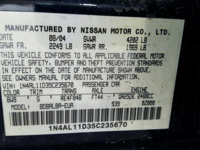 1N4AL11D35C235670 - 2005 NISSAN ALTIMA S BLUE photo 10