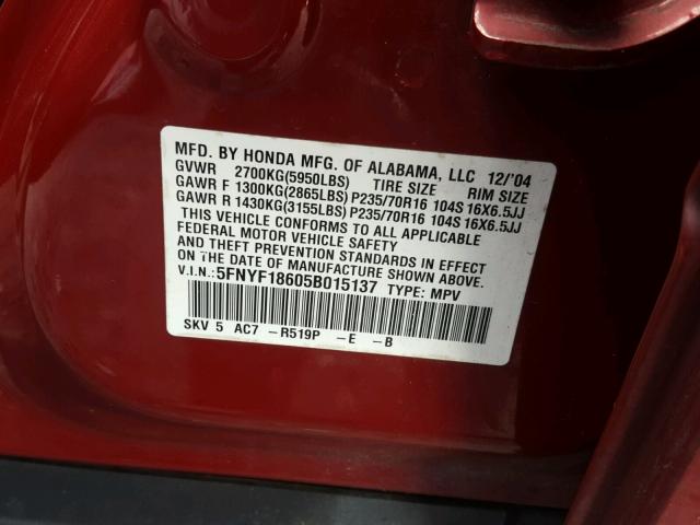 5FNYF18605B015137 - 2005 HONDA PILOT EXL RED photo 10